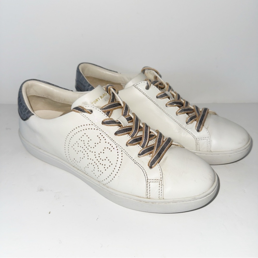 Tory Burch Leigh T-Logo Sneaker White/Gray Croc Sz 9 Athleisure Casual Everyday - Picture 2 of 14